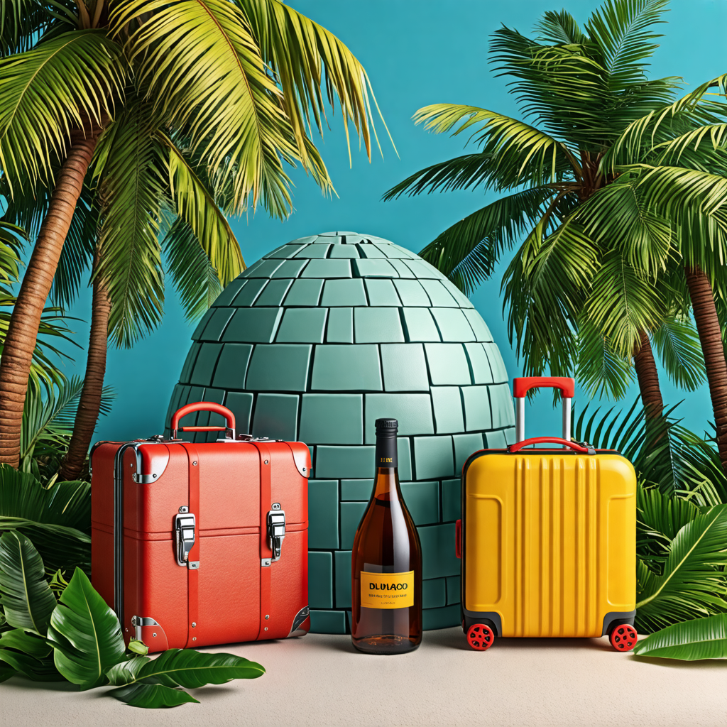 suitcase, igloo, bottle, horse, palm tree